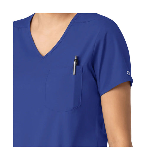 Blue V-neck scrub top with chest pocket and pen holder