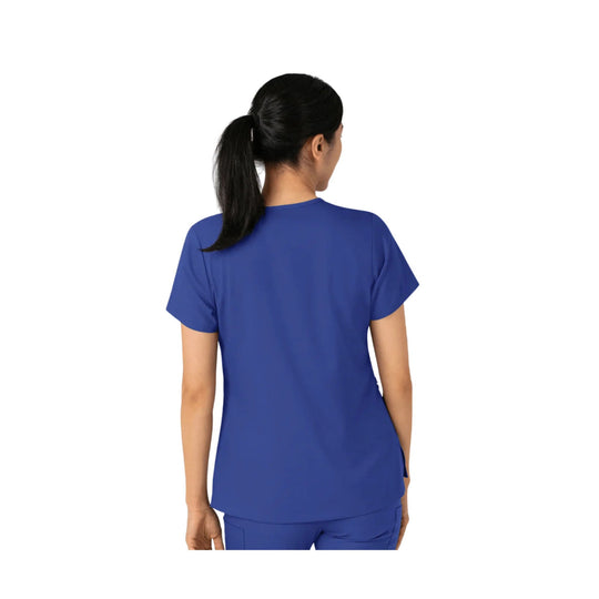 Back view of a blue short-sleeve scrub top on a model