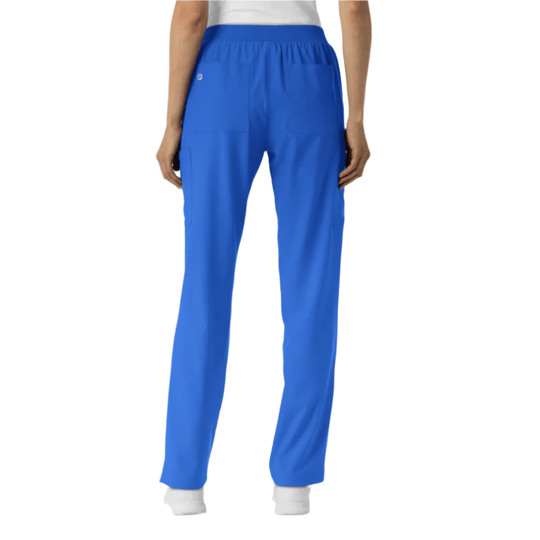 Blue straight-leg scrub pants with side cargo pocket, shown from the back