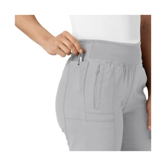 Light gray jogger scrub pants with a wide waistband, cargo pocket, and side seam pockets