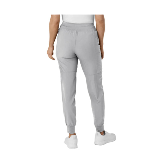 Grey jogger scrub pants with elastic waistband and ankle cuffs, back view