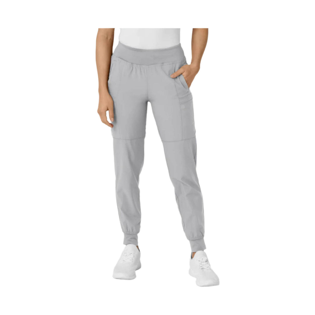 Gray cargo jogger scrub pants with a wide waistband, side pocket, and tapered cuffs