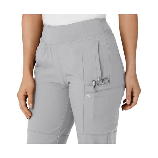 Gray high-waisted cargo jogger scrub pants with side utility pocket and scissors