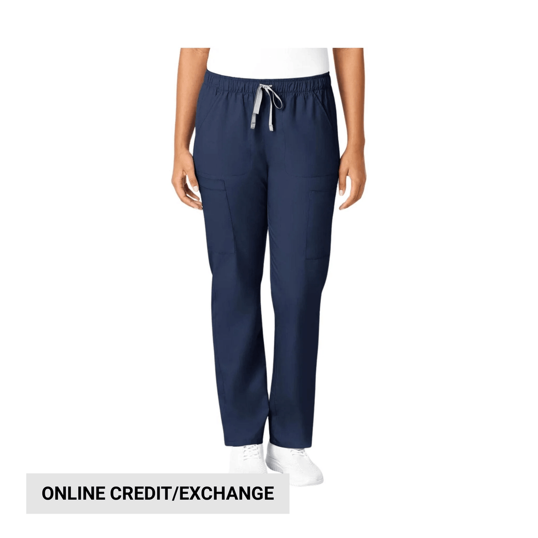 Navy pull-on scrub pants with drawstring waist and cargo pockets, shown with white shoes