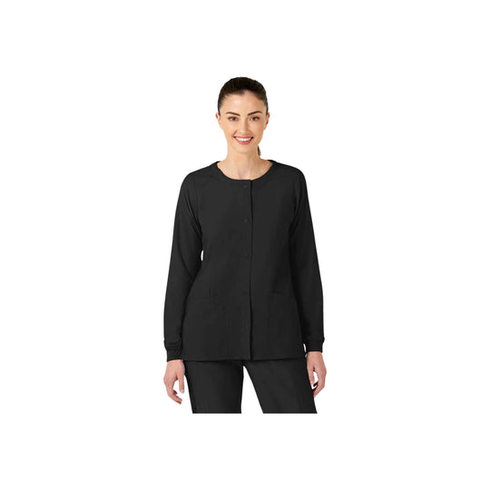 Black button-front scrub jacket with long sleeves and front pockets, worn on a model