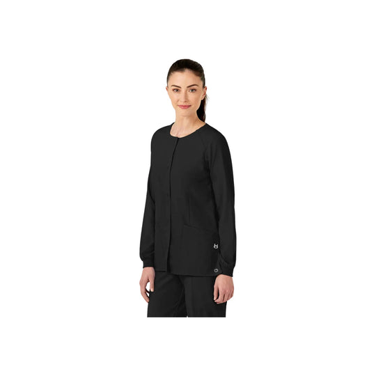Black crewneck scrub jacket with long sleeves and front pockets, shown on a model