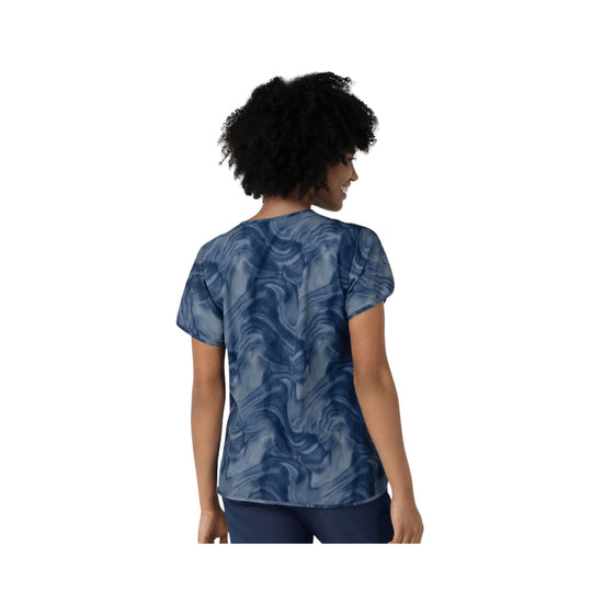 Blue marbled short-sleeve scrub top shown from the back
