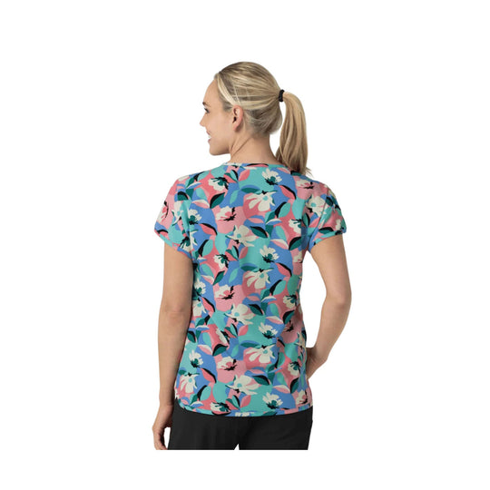 Women’s short-sleeve floral scrub top shown from the back on a white background