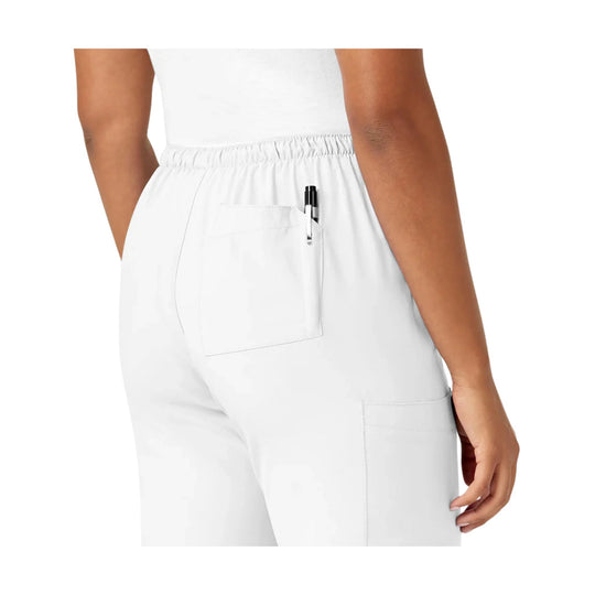 White scrub pants with elastic waist, back patch pocket, and a pen clipped in the pocket