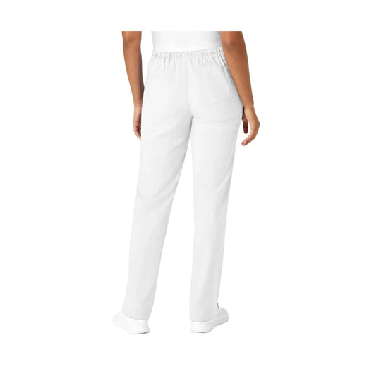 White straight-leg scrub pants shown from the back on a model