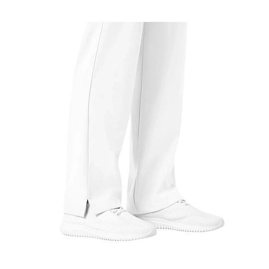 White straight-leg scrub pants with side slits, shown on a model with white knit sneakers