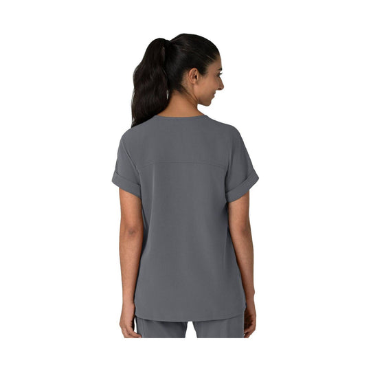 Gray boxy short-sleeve scrub top shown from the back