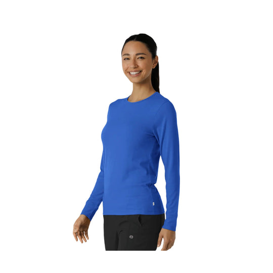 Blue long-sleeve crewneck shirt on a model