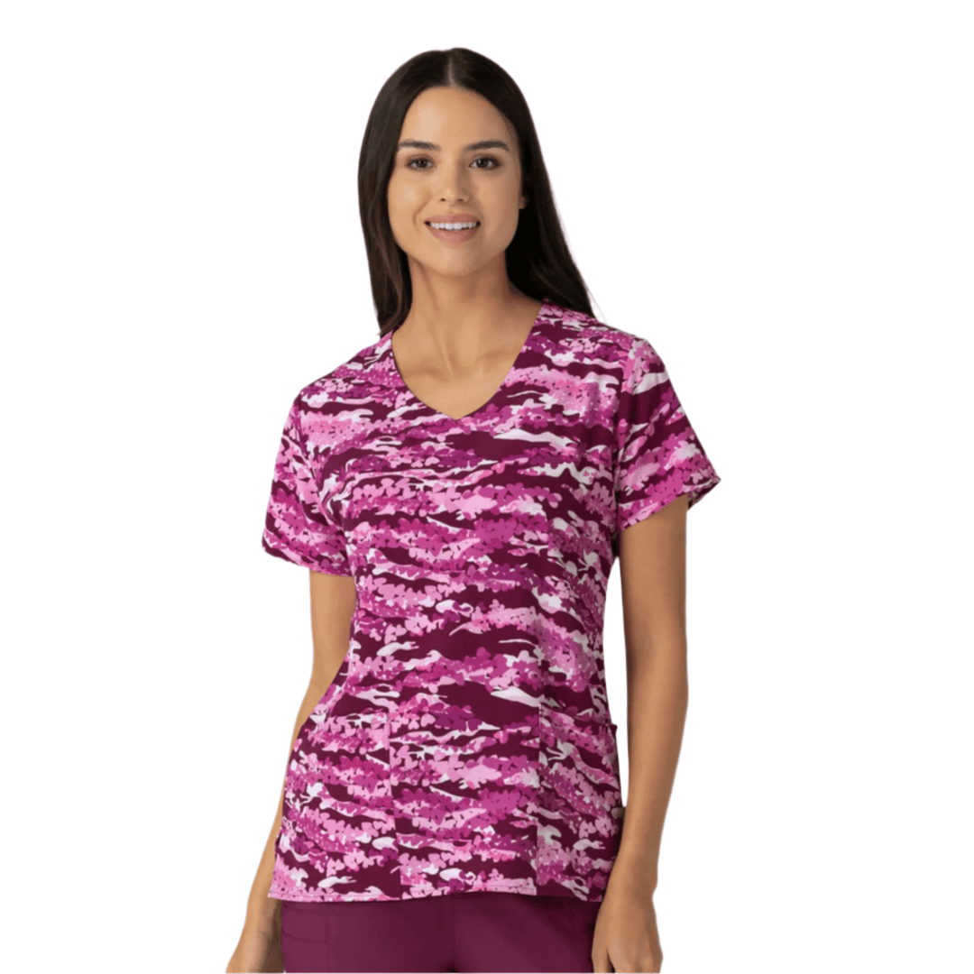 Pink and burgundy camouflage V-neck scrub top with short sleeves