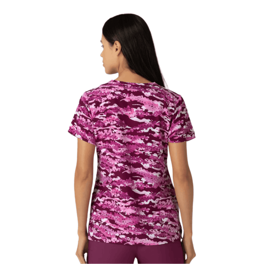 Pink and burgundy patterned V-neck scrub top shown from the back