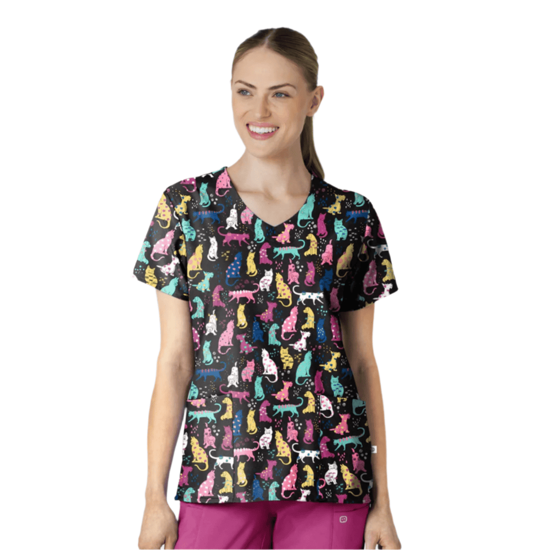 Black V-neck scrub top with colorful cat print