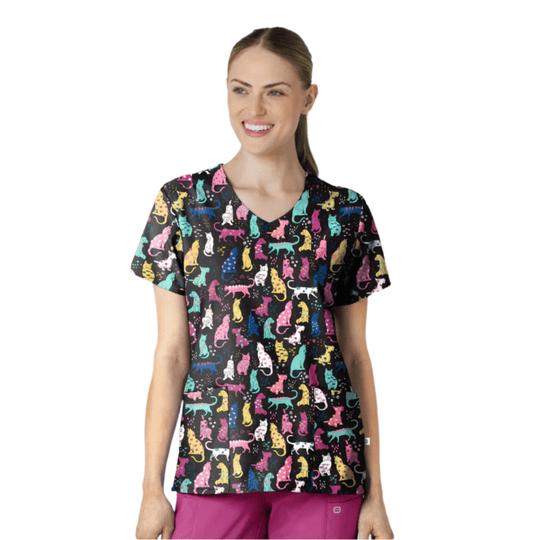 Black V-neck scrub top with colorful cat print