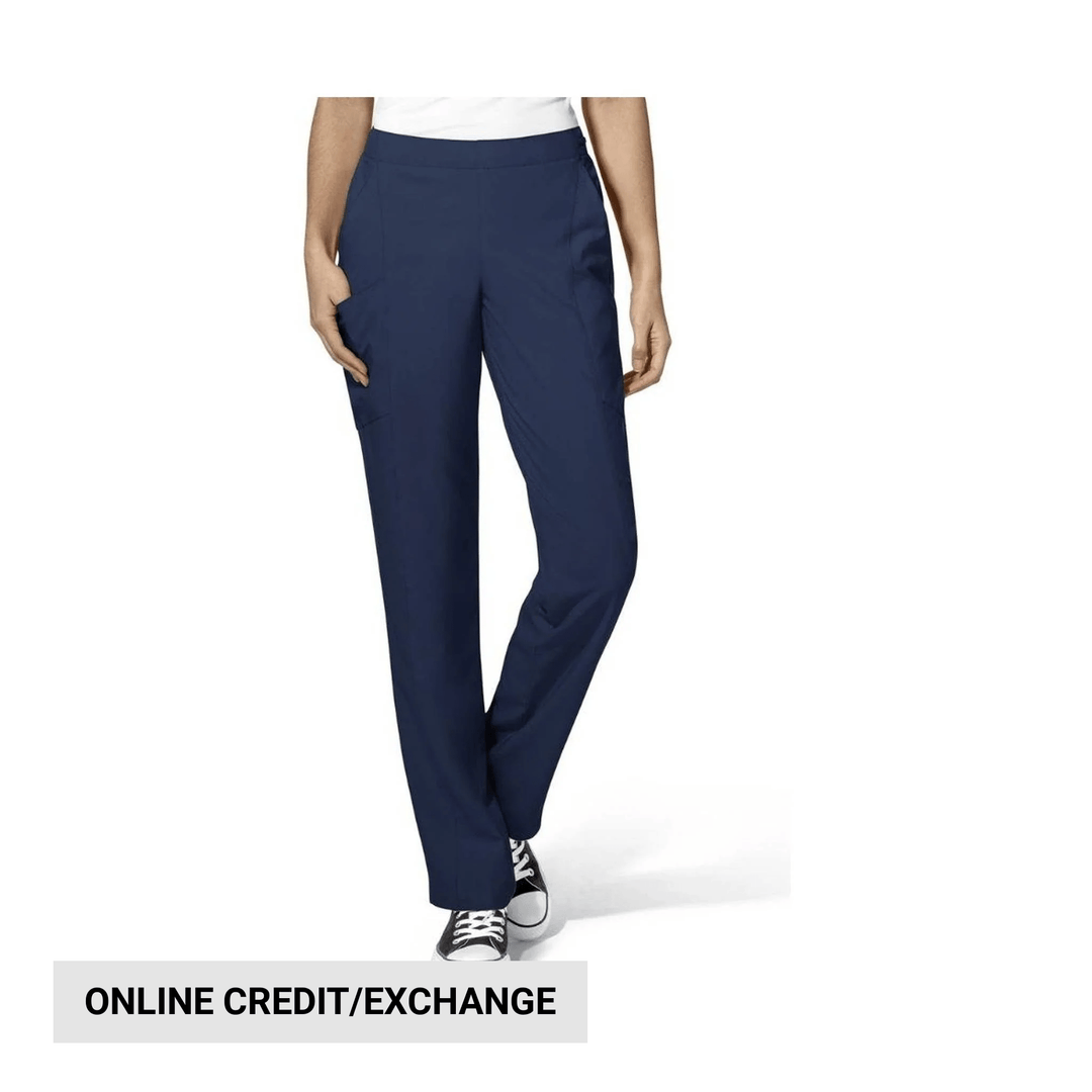 Navy straight-leg cargo scrub pants with side pockets, shown on a model