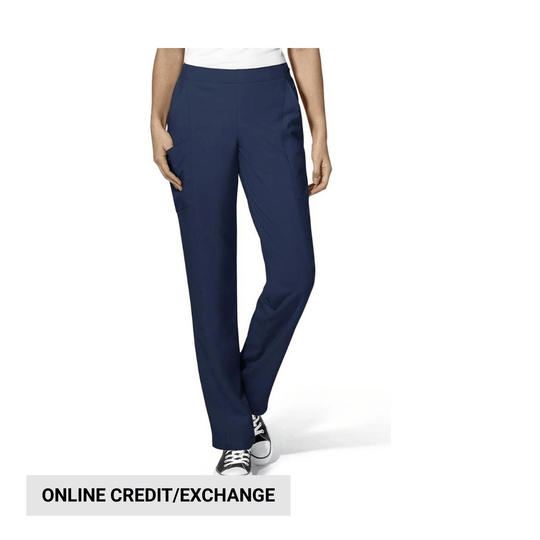 Navy straight-leg cargo scrub pants with side pockets, shown on a model