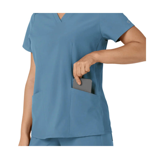 Blue V-neck scrub top with short sleeves and chest pockets