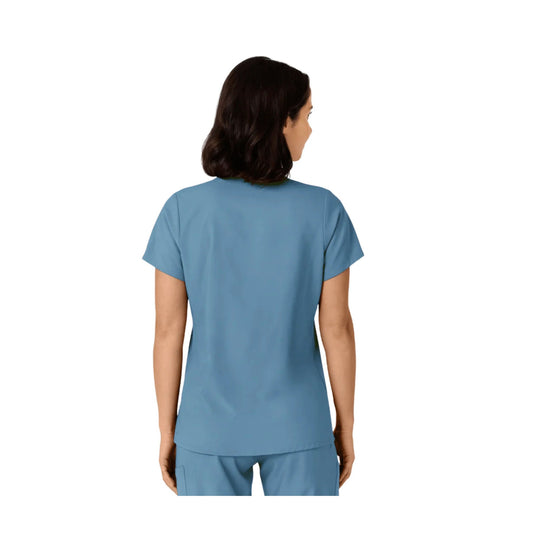 Blue V-neck scrub top shown from the back