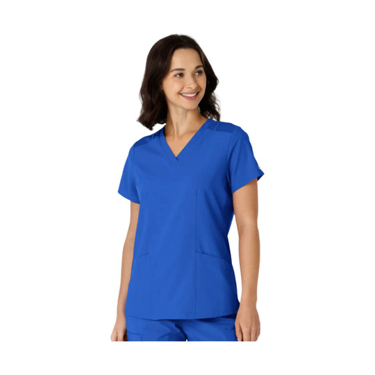 Royal blue V-neck scrub top with short sleeves and front patch pockets