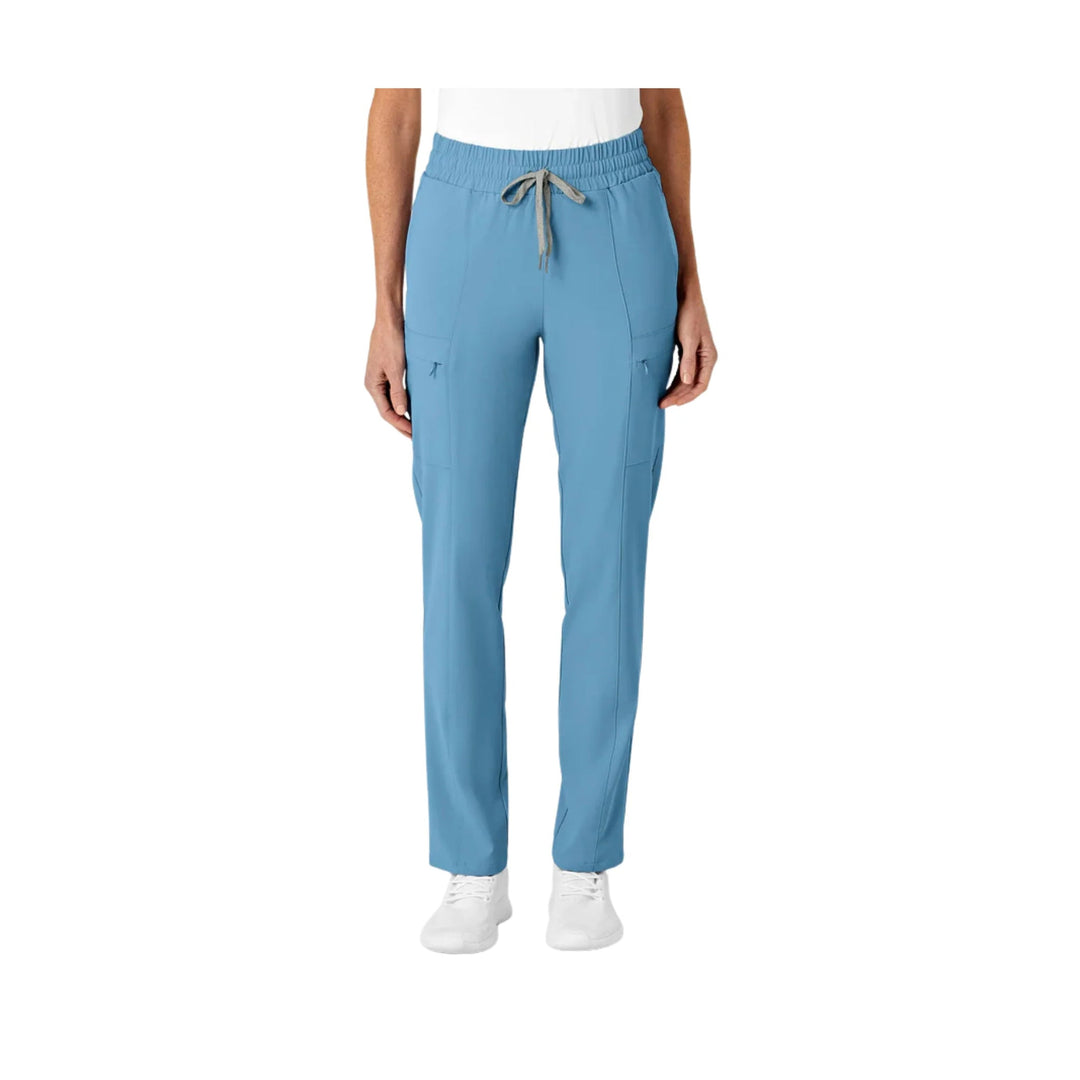 Light blue slim-leg scrub pants with an elastic waistband and drawstring