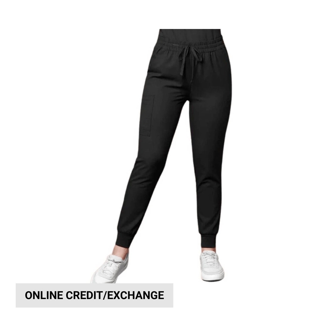 Black tapered jogger pants with drawstring waist, side pocket, and cuffed ankles