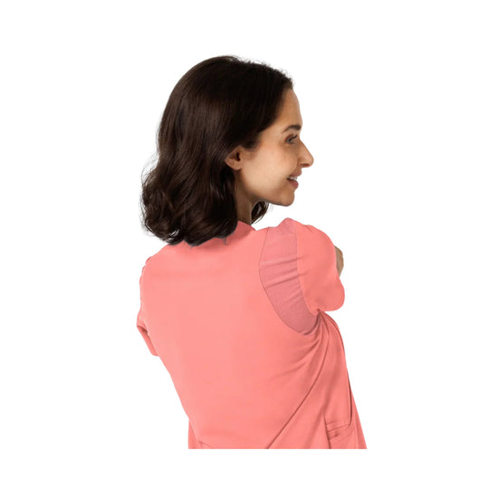 Coral pink V-neck scrub top shown from the back and side