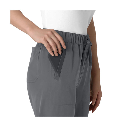 Gray scrub pants with elastic waistband, drawstring, and side cargo pocket