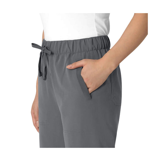 Gray scrub pants with elastic waistband, drawstring tie, and side pocket