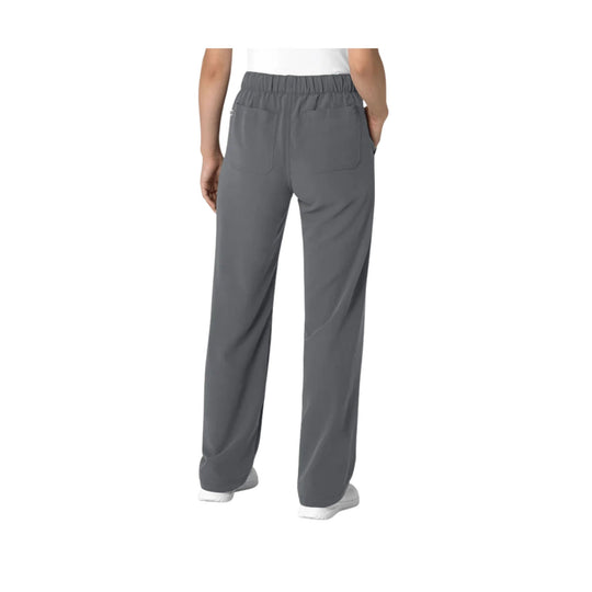 Gray straight-leg scrub pants with elastic waistband and back pockets, shown from the back