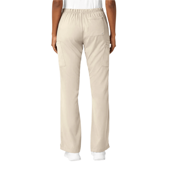 Beige straight-leg scrub pants with elastic waistband and cargo pockets