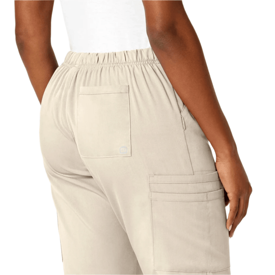 Khaki scrub pants with elastic waistband, back patch pocket, and cargo pockets