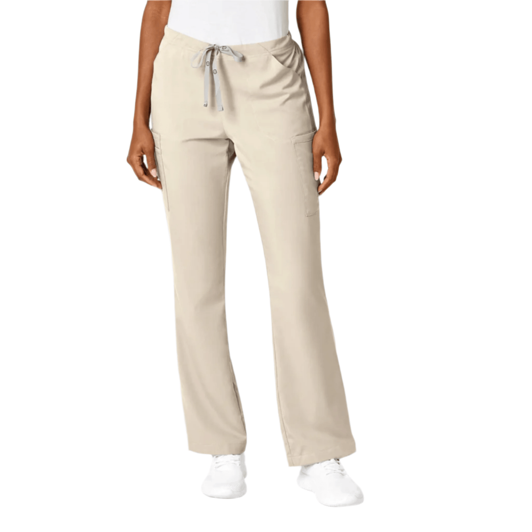 Khaki wide-leg scrub pants with drawstring waist and cargo pockets