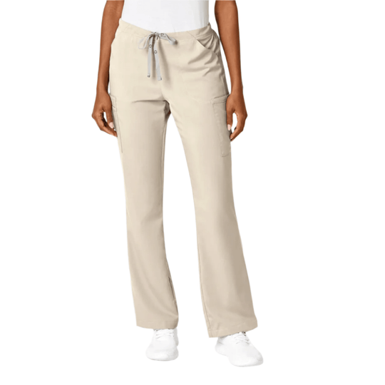 Khaki wide-leg scrub pants with drawstring waist and cargo pockets