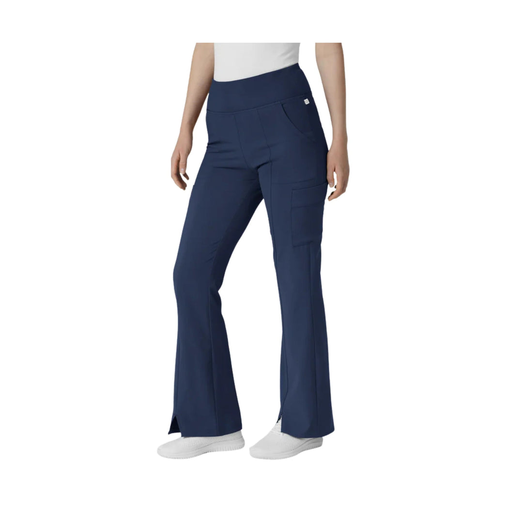 Navy high-waisted cargo scrub pants with flared legs and front patch pockets
