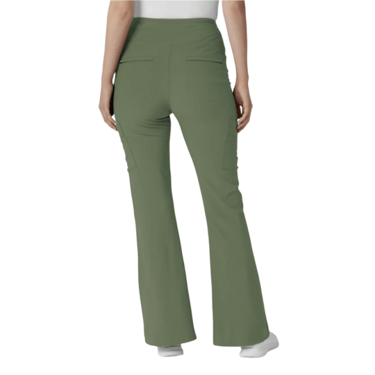 Olive green high-waisted cargo scrub pants with flared legs and back patch pockets