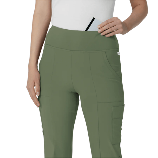 Olive cargo scrub pants with a high waistband and flared leg