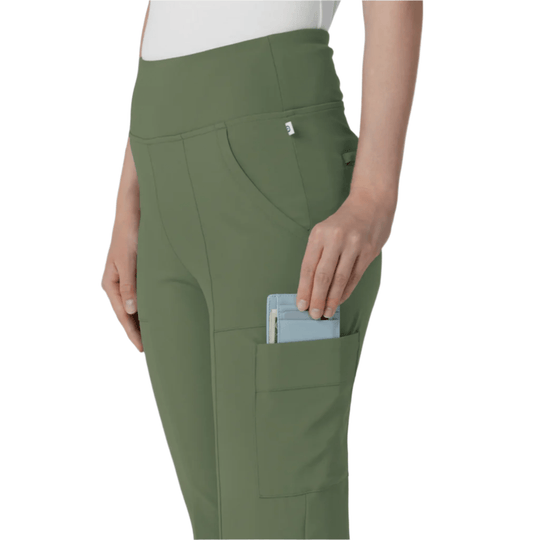 Olive high-waist cargo scrub pants with a flared leg and side pocket