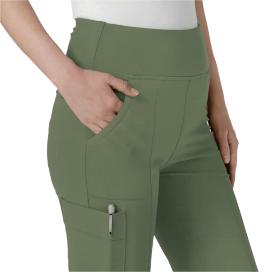 Olive cargo scrub pants with high waistband, side pockets, and flared leg