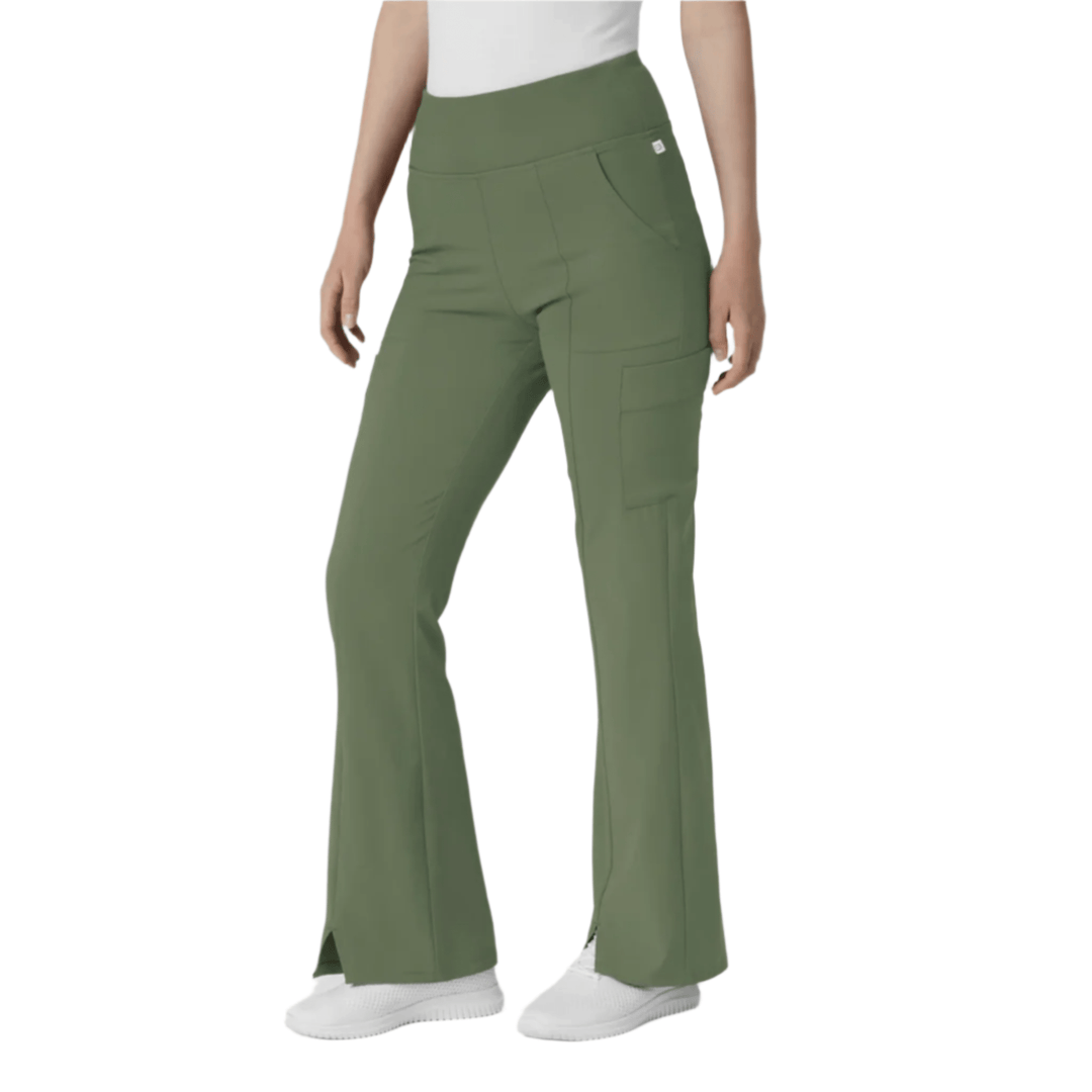 Olive wide-leg cargo scrub pants with high waistband, side pockets, and slit hems