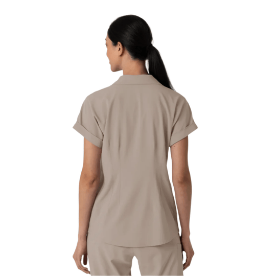 Beige short-sleeve collared scrub top shown from the back