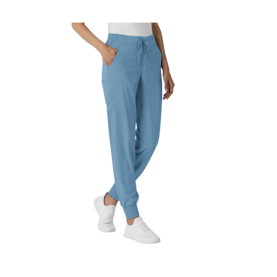 Light blue jogger scrub pants with drawstring waist, cargo pocket, and cuffed ankles