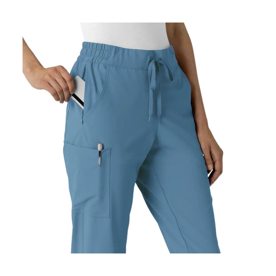 Blue jogger scrub pants with elastic waistband, drawstring, zip pocket, and cargo pocket