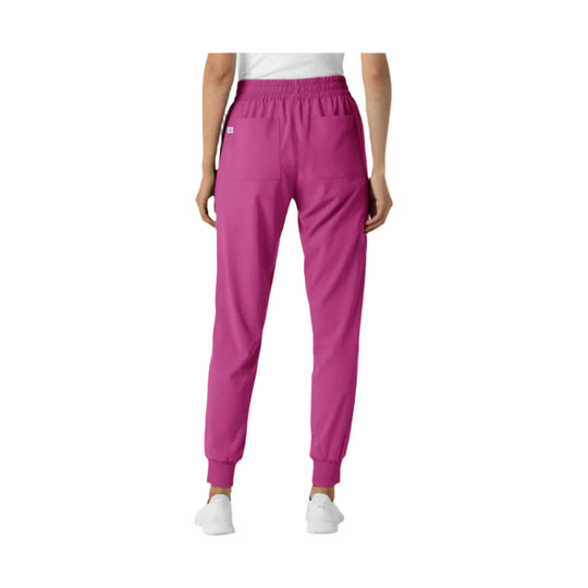 Magenta jogger scrub pants with elastic waistband and cuffed ankles, back view