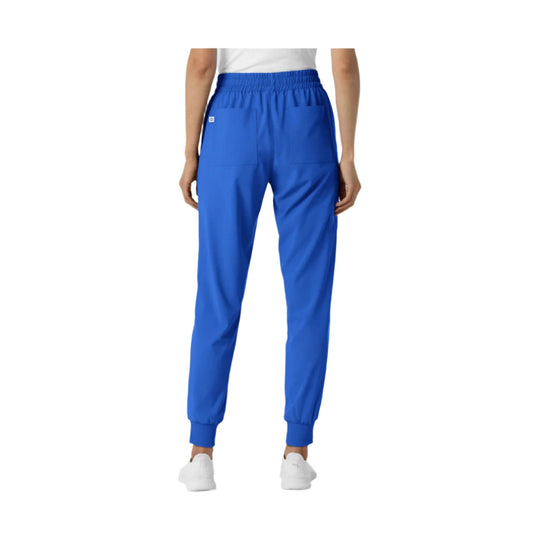 Blue jogger scrub pants with elastic waistband, front and back patch pockets, and cuffed ankles
