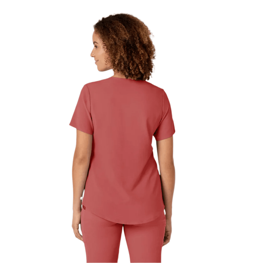Coral short-sleeve scrub top shown from the back