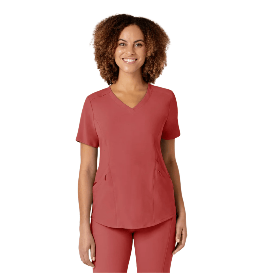 Short-sleeve V-neck scrub top with side pockets, shown with matching scrub pants