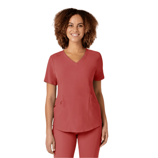 Short-sleeve V-neck scrub top with side pockets, shown with matching scrub pants